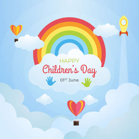 International Childrens Day illustration with rainbow air balloon and clouds on blue sky background vectorのイラスト素材