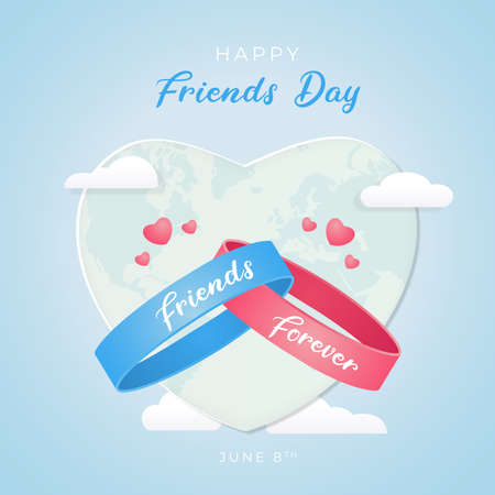Happy Best Friends Day June 8th heart and bracelet shaped map illustration on blue background vectorのイラスト素材