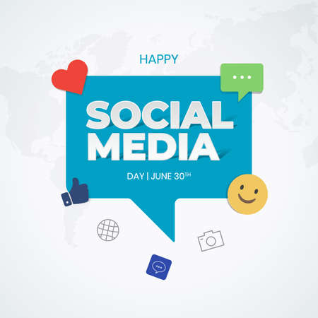 Happy Social Media Day June 30th with chat box and social media illustration on global maps background design vectorのイラスト素材