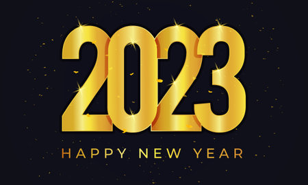 Happy New Year 2023 horizontal banner with golden color and confetti illustration on isolated...