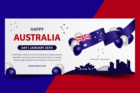 Australia Day January 26th horizontal banner with waving flag ribbon and balloon illustration designのイラスト素材