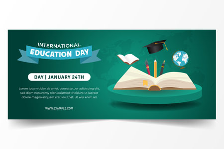 Happy International Education Day January 24th horizontal banner with educational instrument illustration on green backgroundのイラスト素材