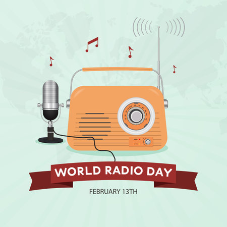 Happy World Radio Day February 13th with vintage radio and microphone illustration designのイラスト素材