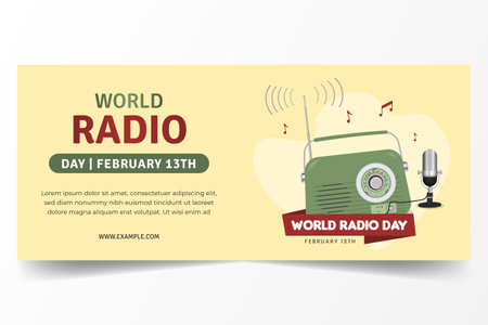 Happy World Radio Day February 13th horizontal banner design with vintage radio and microphone illustration designのイラスト素材