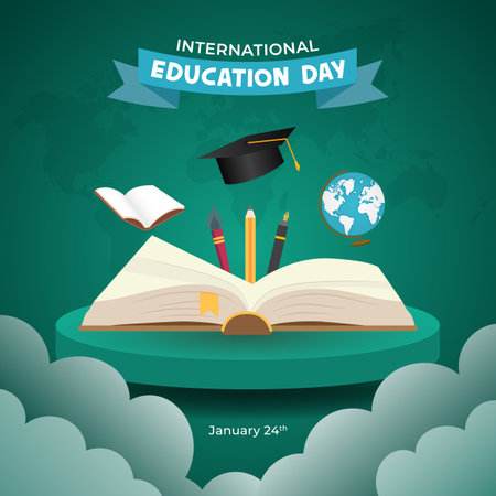 Happy International Education Day January 24th illustration with educational instrument on green background designのイラスト素材