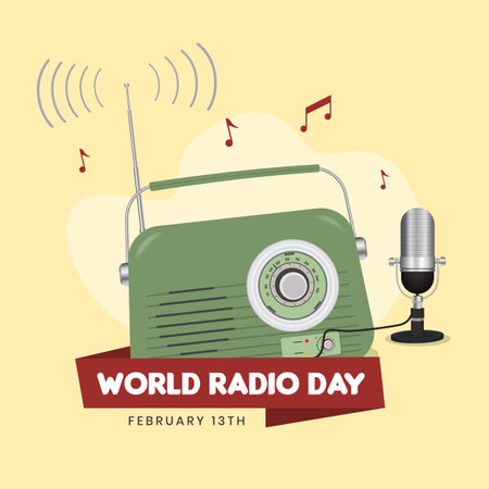 Happy World Radio Day February 13th with vintage radio and microphone illustration design on isolated backgroundのイラスト素材