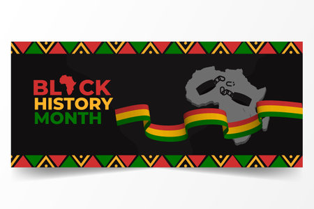 Black history month horizontal banner with broken handcuffs ribbon and africa map illustration designのイラスト素材