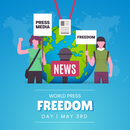World press freedom day May 3rd illustration banner with demonstration globe and news micのイラスト素材