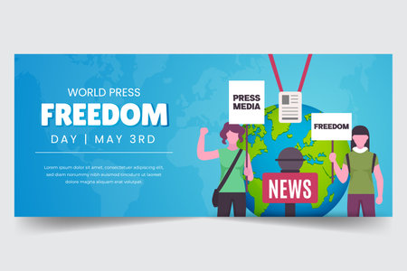 World press freedom day May 3rd with demonstration and news mic illustration horizontal banner designのイラスト素材
