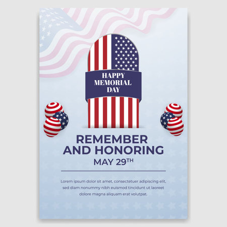 US Memorial Day May 29th flyer design with tombstone and flag pattern illustrationのイラスト素材