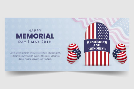 US Memorial Day May 29th horizontal banner with tombstone and flag pattern illustrationのイラスト素材