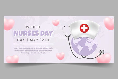 World Nurses Day May 12th horizontal banner illustration with hat stethoscope and globeのイラスト素材