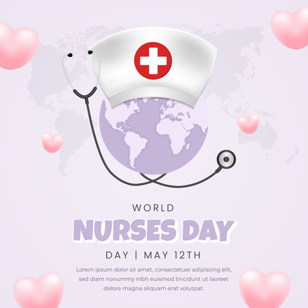 World Nurses Day May 12th illustration with hat stethoscope and globeのイラスト素材
