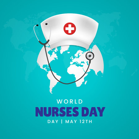 World Nurses Day May 12th illustration with hat stethoscope and globe on blue background designのイラスト素材