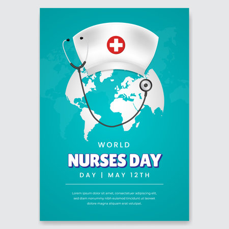 World Nurses Day May 12th flyer design with hat stethoscope and globe illustration on blue backgroundのイラスト素材