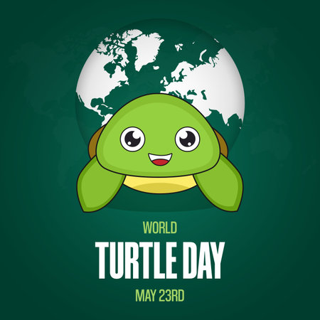 World Turtle Day May 23rd with turtle and globe illustration on dark green backgroundのイラスト素材