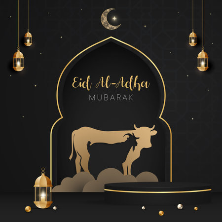 Happy Eid Al Adha Mubarak celebration banner with cow and goat paper cut effect on night color backgroundのイラスト素材