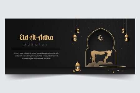 Happy Eid Al Adha Mubarak celebration banner with cow and goat paper cut effect banner designのイラスト素材
