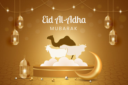 Eid al Adha Mubarak celebration with camel cow and goat illustration banner designのイラスト素材