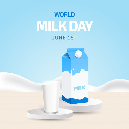 World Milk Day June 1st with a milk glass and milk box on the podium illustration designのイラスト素材