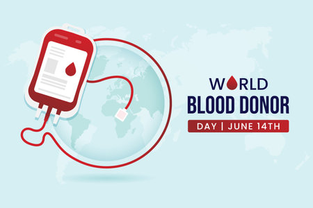 World blood donor day June 14th with blood bag and globe illustration designのイラスト素材