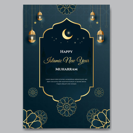 Happy Islamic New Year Muharram poster with lantern and Islamic ornament illustrationのイラスト素材