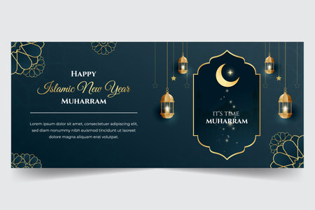 Happy Islamic New Year Muharram banner with lantern and Islamic ornament illustrationのイラスト素材
