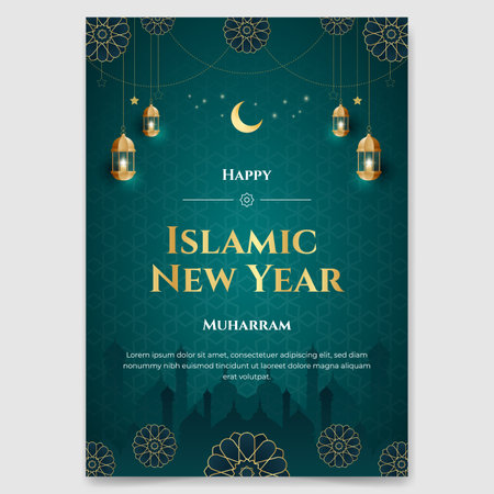 Happy Islamic New Year Muharram poster with Islamic ornament illustration on green gradient backgroundのイラスト素材