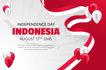 Indonesia Independence Day August 17th with flag ribbon and balloon illustrationのイラスト素材