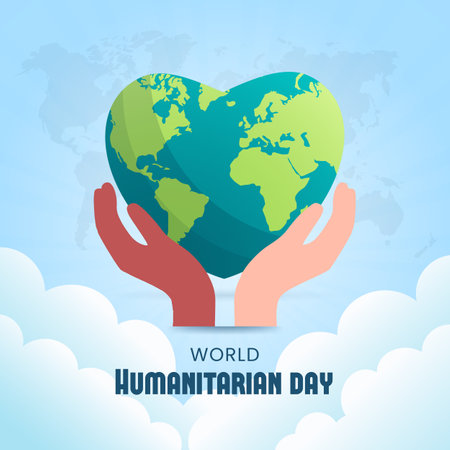 World Humanitarian Day banner with multiple ethnic hands and heart shape globe illustrationのイラスト素材