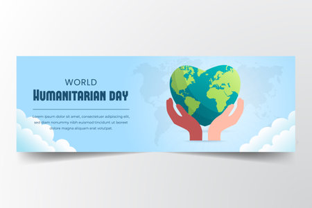 World Humanitarian Day horizon banner with multiple ethnic hands and heart shape globe illustrationのイラスト素材