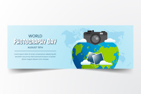 World Photography Day August 19th with globe camera and photo illustration horizontal bannerのイラスト素材
