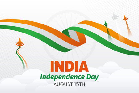 Happy India Independence Day August 15th with flag and fighter jets illustrationのイラスト素材