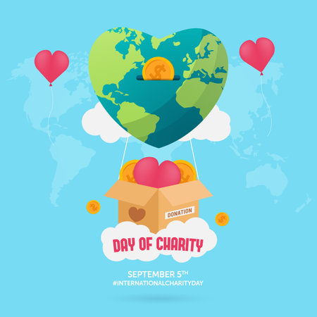 Charity Day September 5th with earth balloon hearth shapes and coin illustrationのイラスト素材