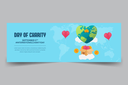 Charity Day September 5th horizontal banner with earth balloon hearth shapes and coin illustrationのイラスト素材