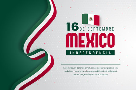 16 De Septembre Independencia De MÃ©xico. Mexico Independence Day 16th September banner with flag ribbon and confetti illustrationのイラスト素材
