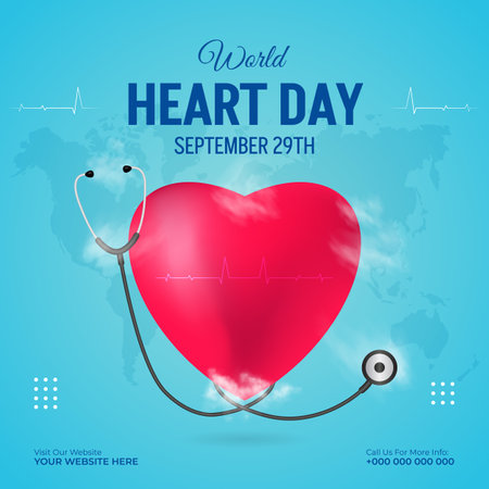 World Heart Day September 29th banner with hearth shape and stethoscope illustrationのイラスト素材