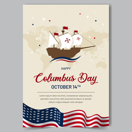 Happy Columbus Day October 14th flyer design with a ship and US flag illustrationのイラスト素材