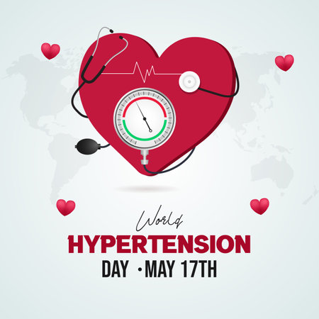 World Hypertension Day May 17th with measure stethoscope and heart illustrationのイラスト素材