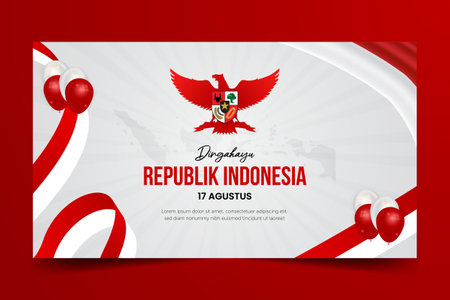 Indonesia independence day August 17th banner with ribbon flag and Garuda Pancasila symbol of Indonesian ideologyのイラスト素材