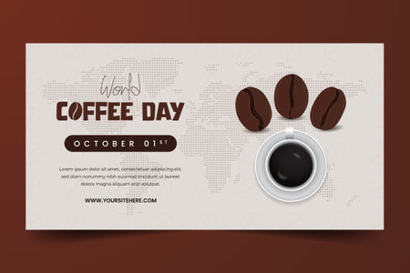 World Coffee Day October 1st celebration horizontal banner with coffee and map illustrationのイラスト素材
