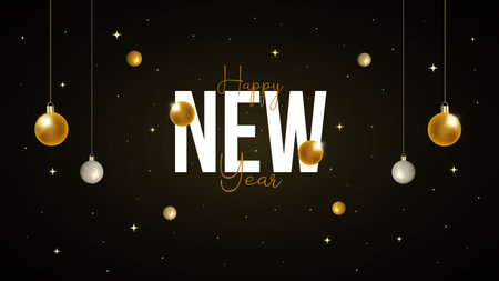 Happy New Year banner design with balls and the stars on the night scene backgroundのイラスト素材