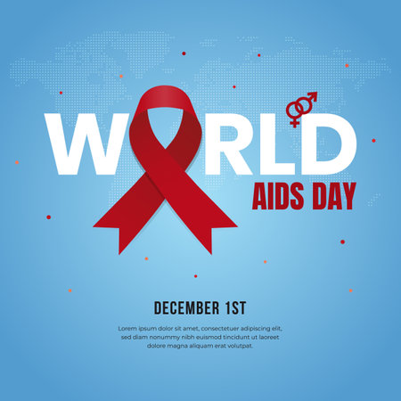 World Aids Day December 1st banner with red ribbon and man woman symbol on dotted map backgroundのイラスト素材