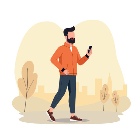 A man is doing sport with smart phone at the city parkのイラスト素材