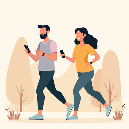 A male and female are doing work out with use smartphone and smartwatch at city park spaceのイラスト素材