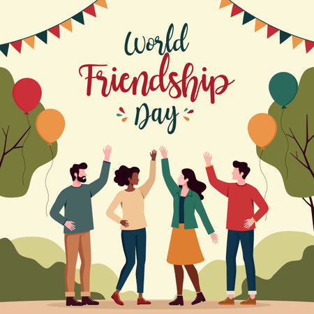 World Friendship Day is on August 7th. A diverse group of happy people from different culturesのイラスト素材