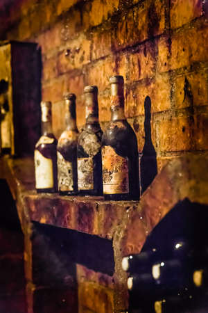 Wine bottles in a Hungarian wine cellar nearの写真素材
