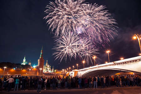 Moscow birthday, colorful fireworks, Kremlin, Russiaの写真素材