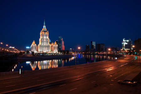 Night soviet hotel Ukraine, Moscow, Russiaの写真素材
