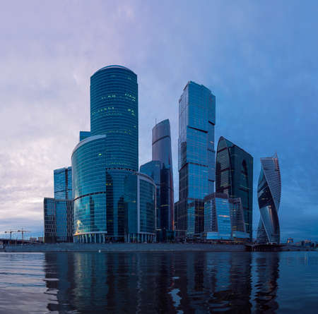 Moscow city at evening, reflections in water, Russiaの写真素材